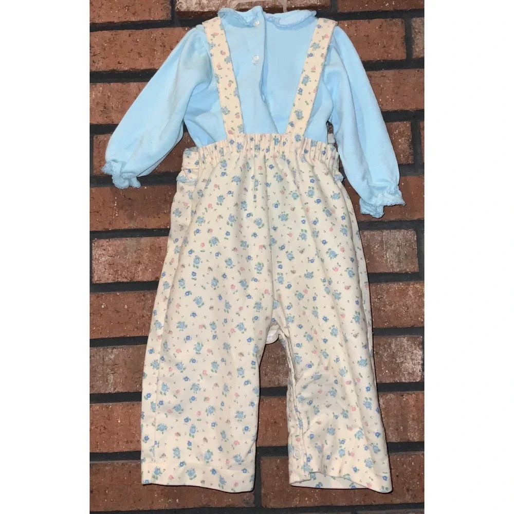 Vintage Little One's Girls 2 pc Corduroy Floral Overall Set Size‎ 12M Blue Shirt
